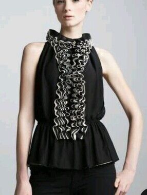 Sleeveless Ruffled Top Robert Rodriguez L Chiffon Sheer Black Nude EUC